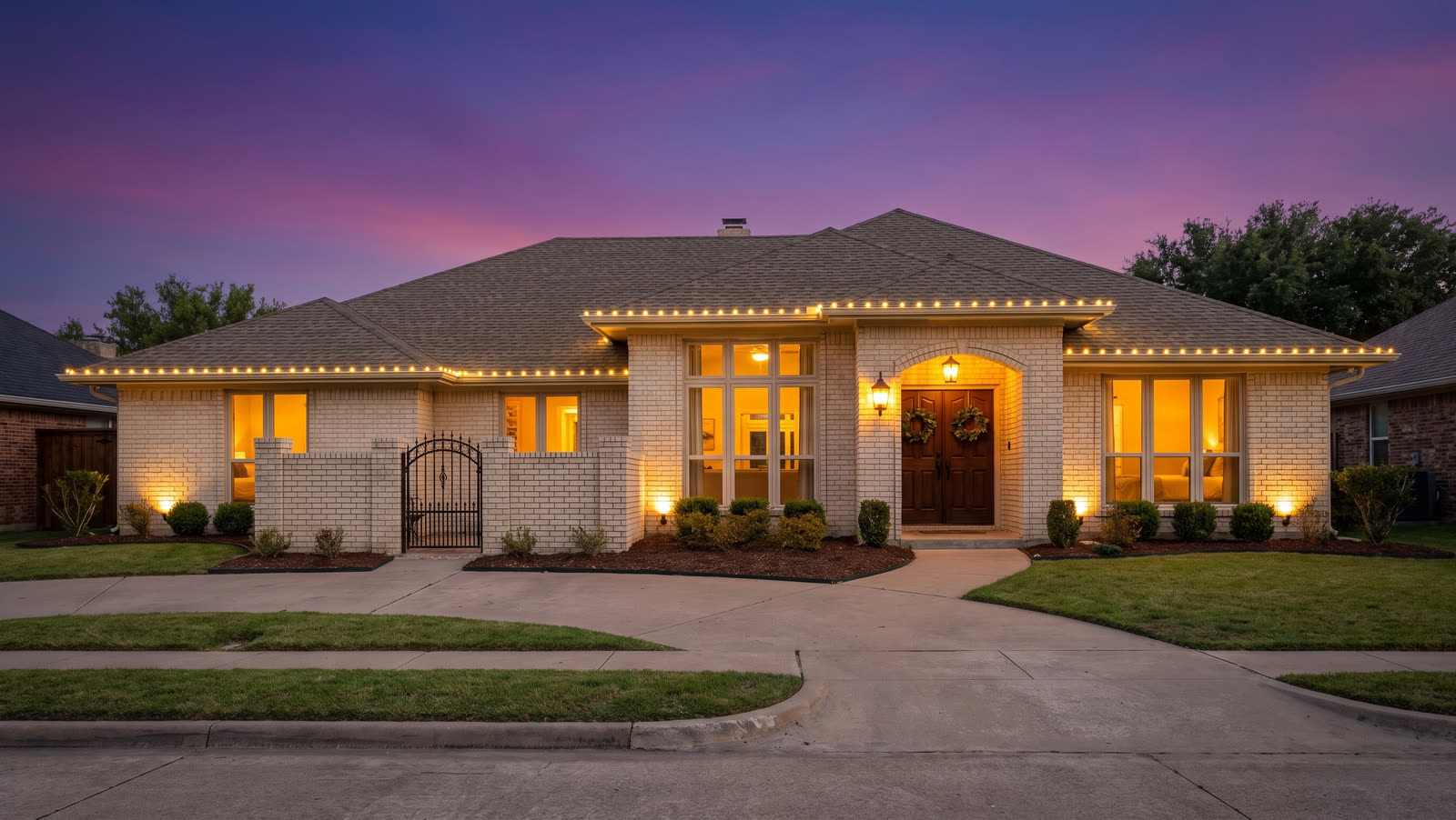 Home with warm white permanent roofline lighting at dusk